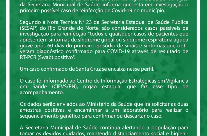  Santa Cruz tem primeiro caso suspeito de reinfecção de Covid-19