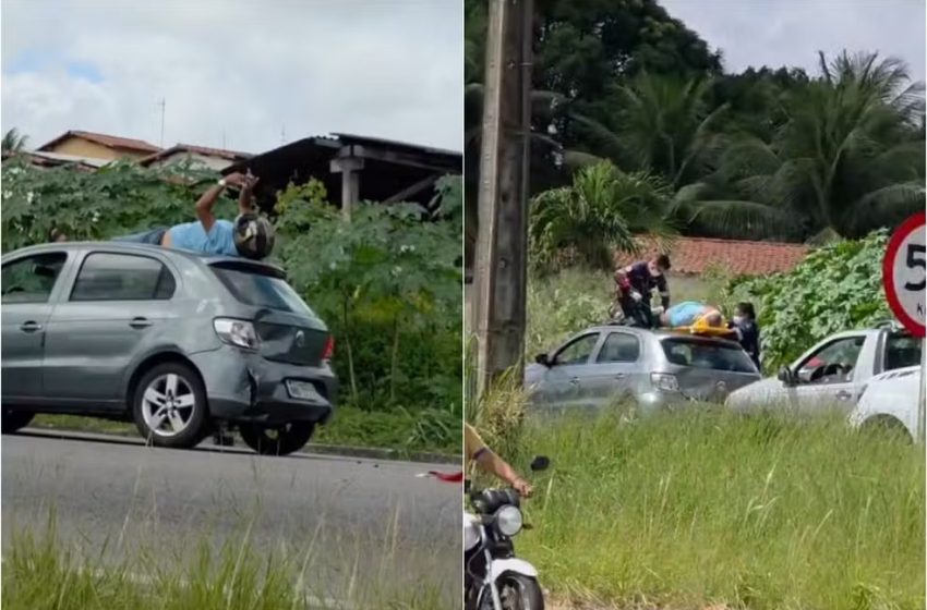  Motociclista vai parar em cima de carro após acidente na Grande Natal